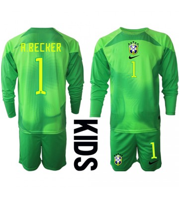 Maillot de foot Brésil Alisson Becker #1 Gardien de but Extérieur enfant Monde 2022 Manche Longue (+ pantalon court)